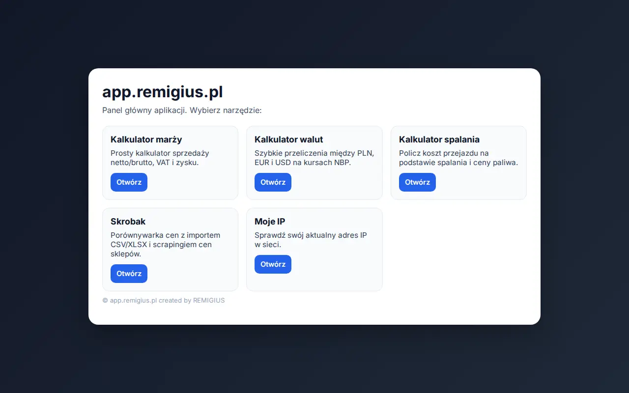 Zrzut ekranu strony głównej app.remigius.pl